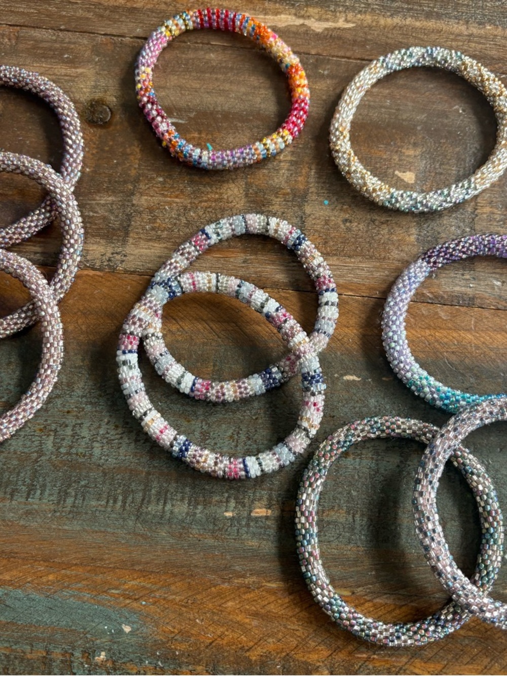 10 iridescent Handmade Himalayan bracelets, lily and Laura and lotus sky
